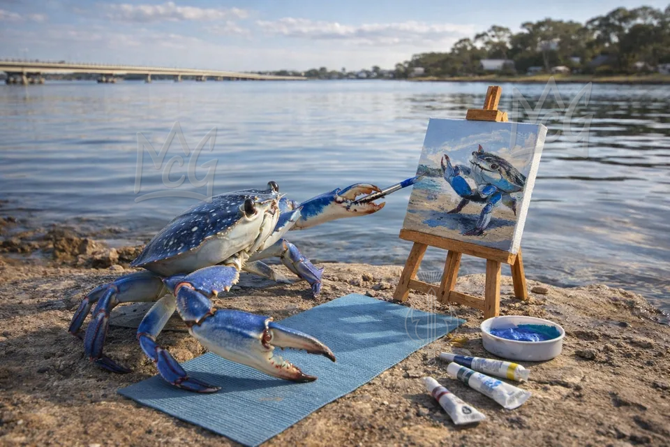 A blue crab holding a paintbrush paints a crab on a canvas at the waterfront.