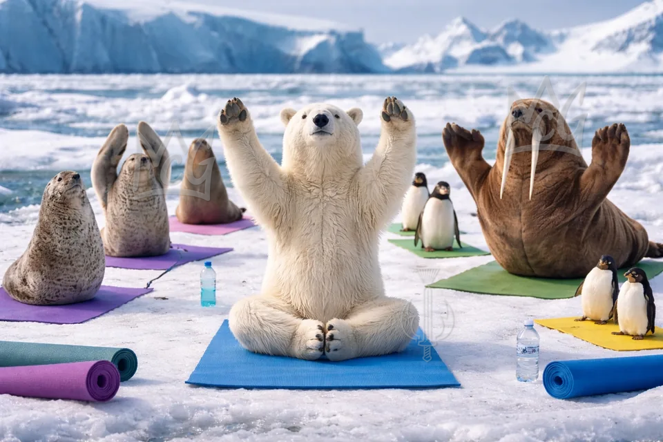 A seated polar bear raises both paws in a V during a yoga scene with seals, a walrus and penguins.