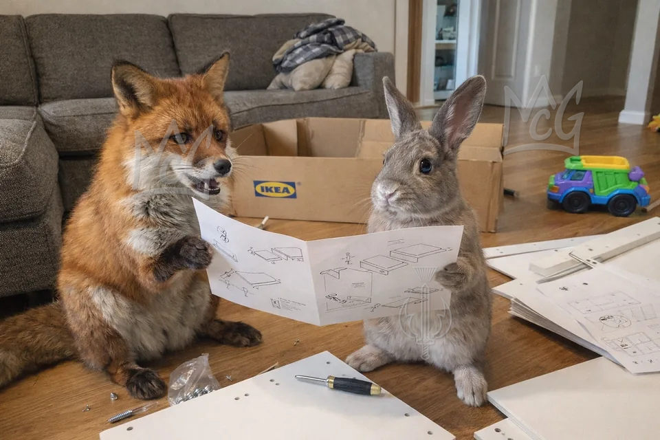 A fox and a rabbit study flat-pack assembly instructions beside furniture parts and a box.