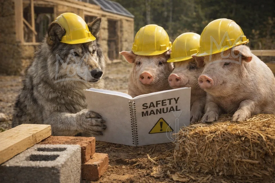 A wolf and three pigs wear yellow hardhats and study a safety manual at a building site.