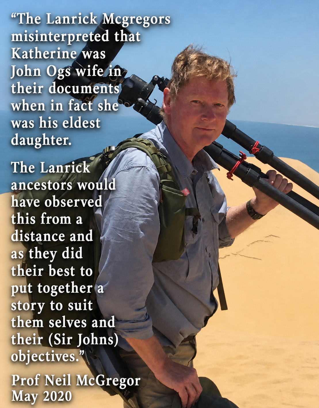 User-supplied quotation poster 5: white lettering over a sandy landscape with a person carrying a tripod; quotation and attribution as presented in the artwork.