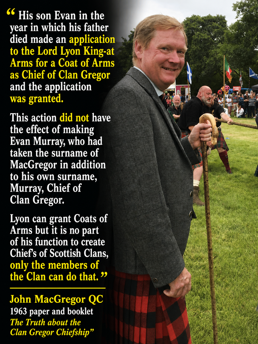 User-supplied quotation poster 8: white and yellow lettering beside a tartan-clad figure at an outdoor gathering; quotation and attribution as presented in the artwork.