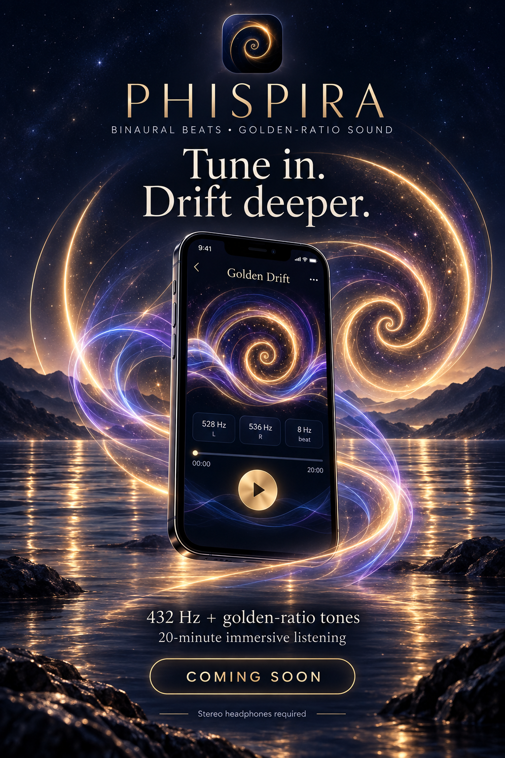 PhiSpira coming-soon poster with a Golden Drift audio player, glowing spirals over a mountain lake, and stereo headphone guidance.