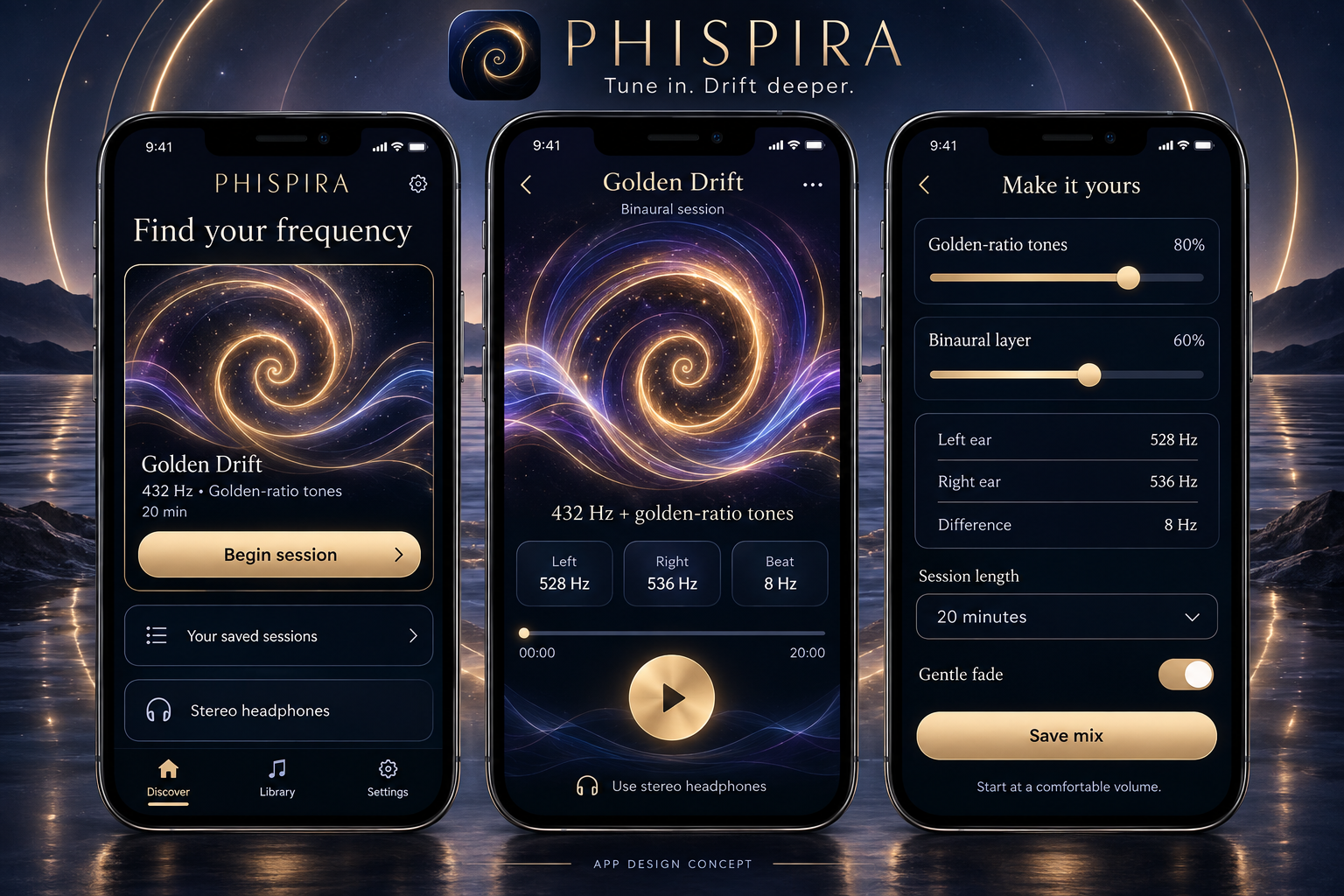 Three PhiSpira app screen designs showing session discovery, the Golden Drift player, and mix settings.