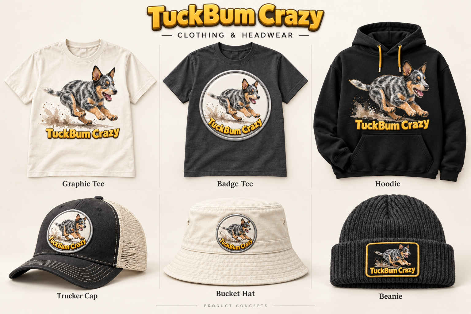 Product concept board showing Graphic Tee, Badge Tee, Hoodie, Trucker Cap, Bucket Hat and Beanie