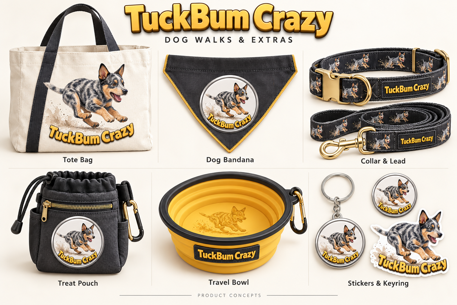 Product concept board showing Tote Bag, Dog Bandana, Collar & Lead, Treat Pouch, Travel Bowl, and Stickers & Keyring