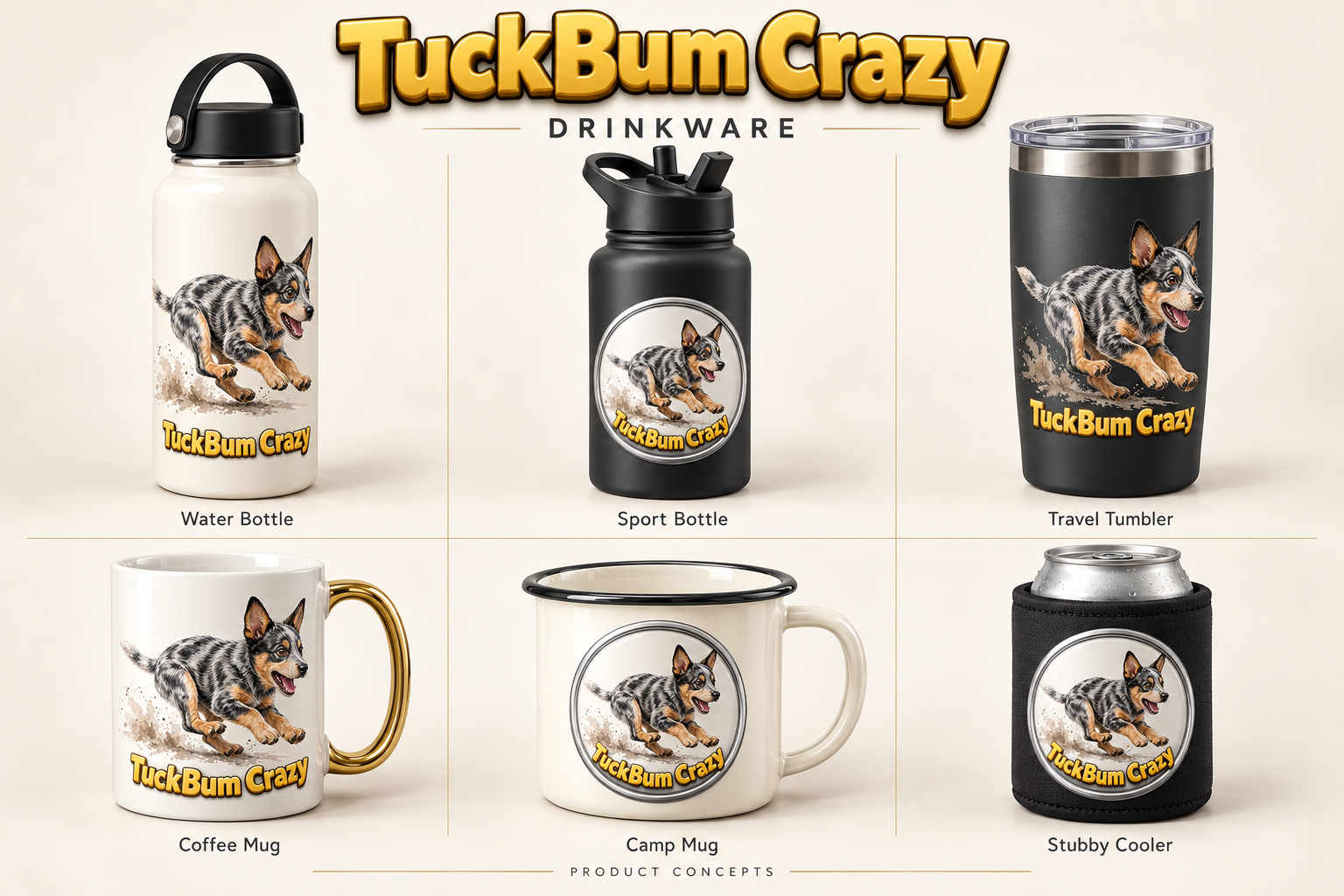 Product concept board showing Water Bottle, Sport Bottle, Travel Tumbler, Coffee Mug, Camp Mug and Stubby Cooler