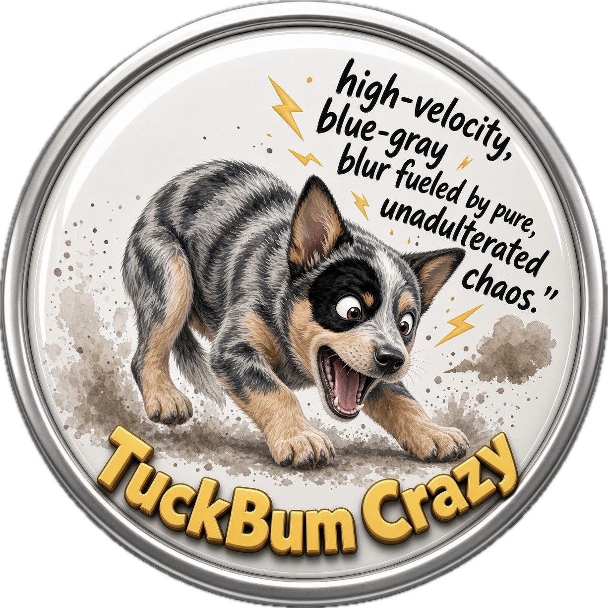 Puppy moving forward through dust with yellow lightning accents, inside a silver rim on a white canvas