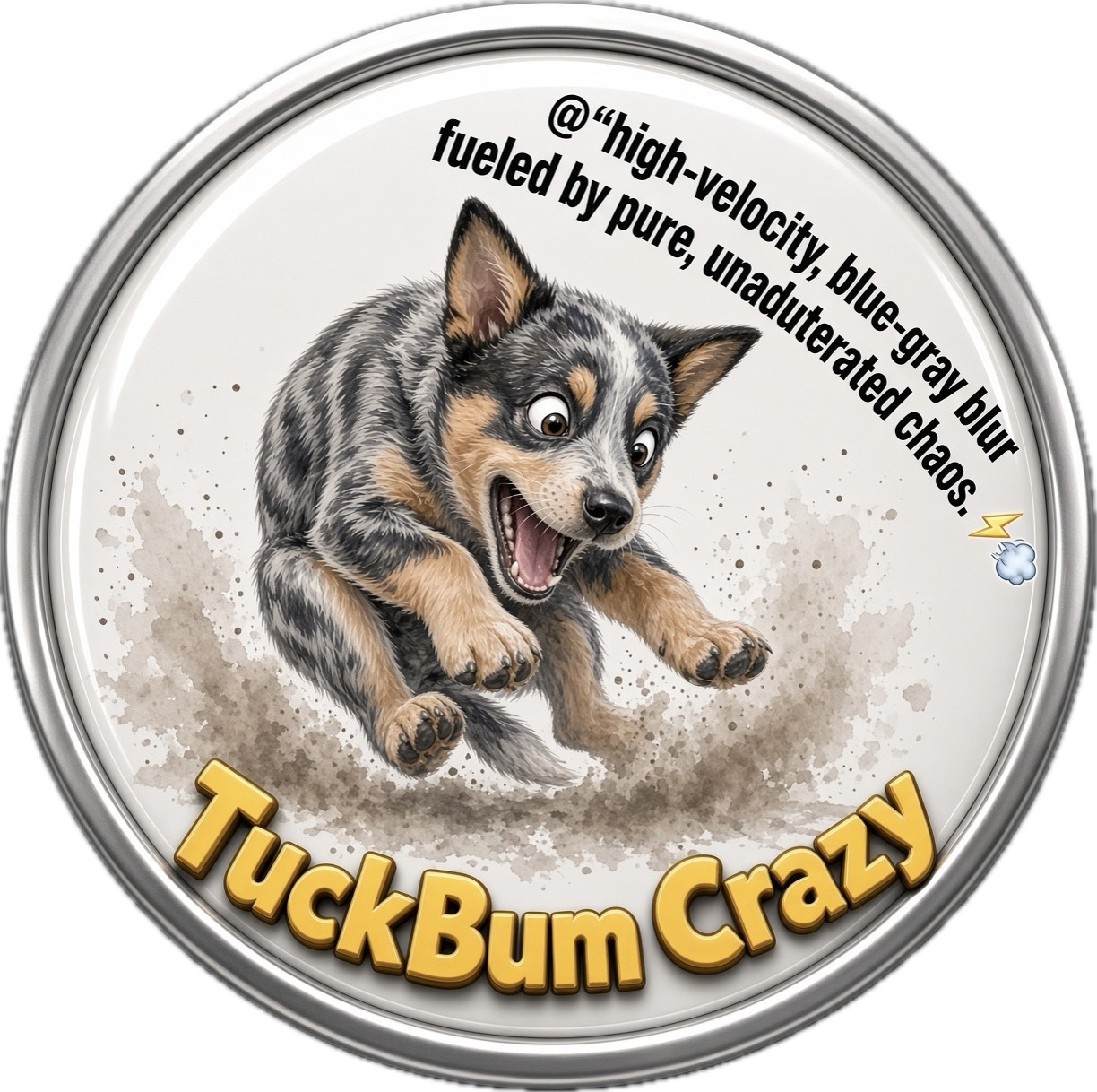 Puppy leaping with curled paws through dust, inside a silver rim on a white canvas