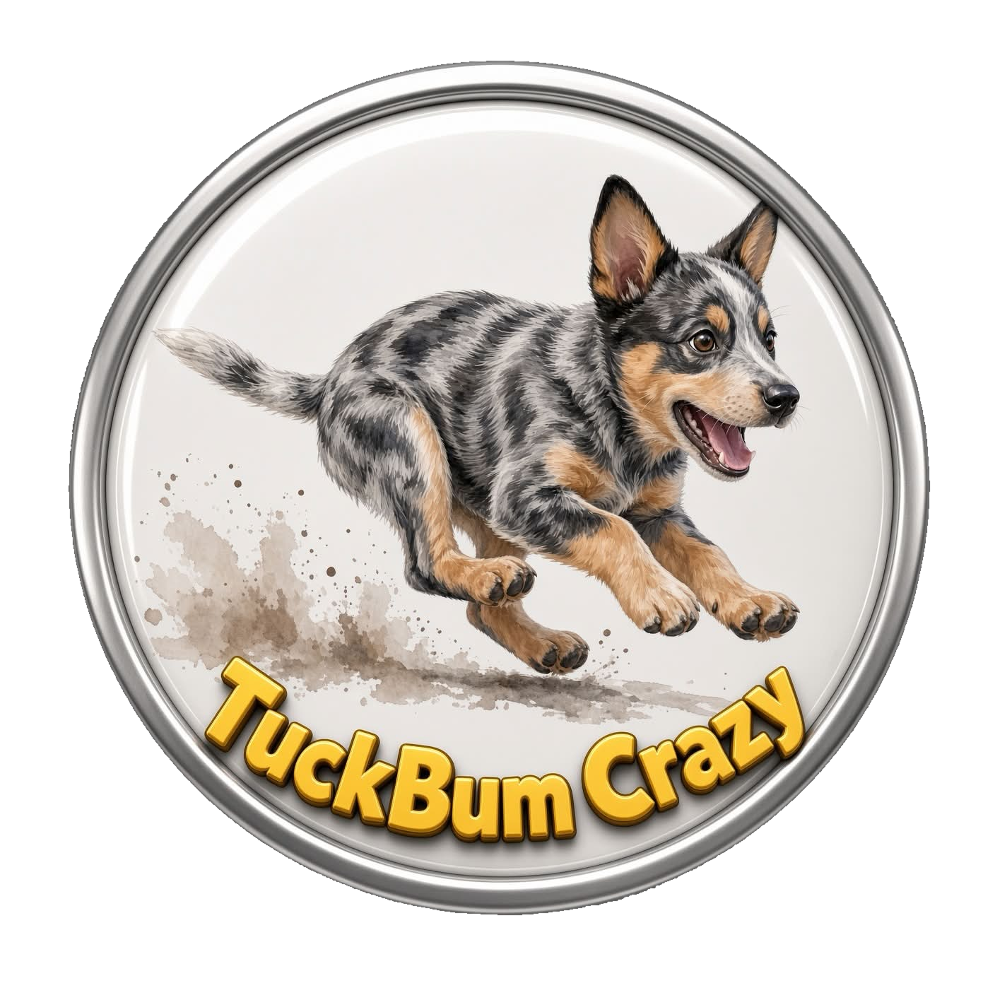 TuckBum Crazy — puppy inside a silver-rimmed button