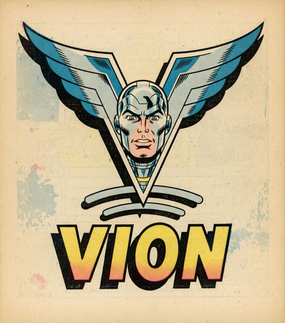 Vintage comic-style Vion emblem with a helmeted figure and blue wings.