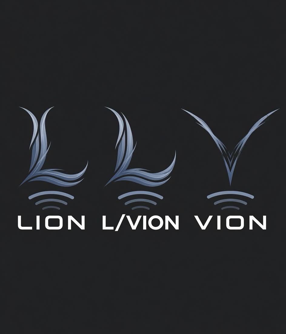 Three Vion logo concepts shown side by side on a dark background.