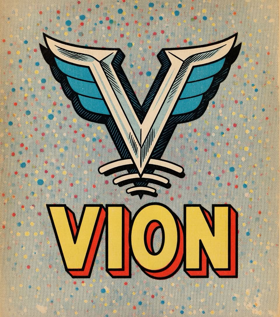 Retro comic-style Vion emblem with turquoise wings and yellow Vion lettering.
